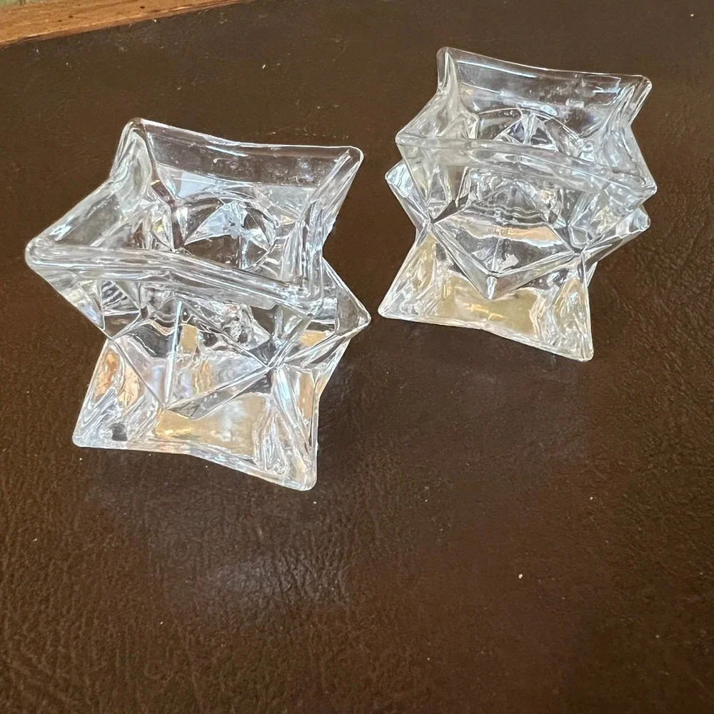 Vintage Geometric Starburst Crystal Style Candle Holder Pair 70s Space Age Decor
